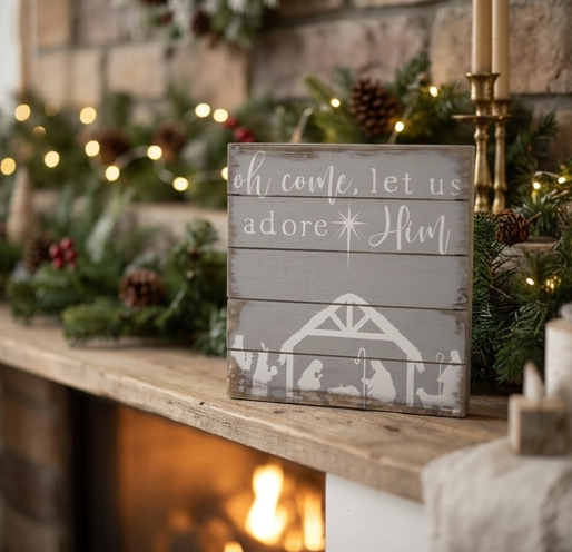 "Oh Come Let Us Adore Him" Wooden Sign 6" x 6"