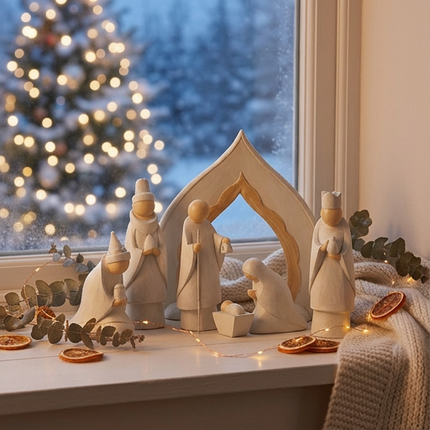 Large White Nativity Scene with Beige Accents