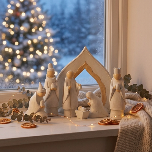 Large White Nativity Scene with Beige Accents