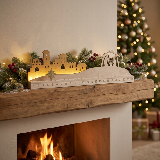 Light-up Bethlehem Mantlescape Countdown Wood Nativity