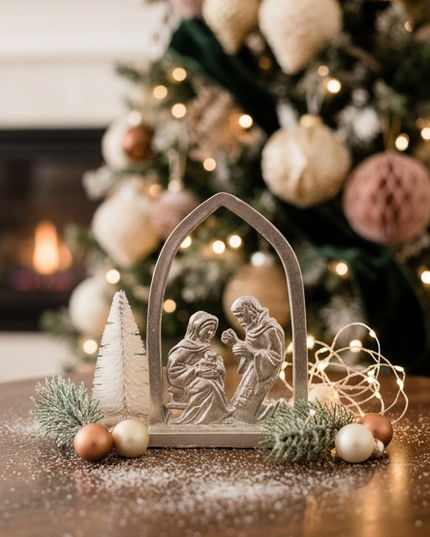 Pewter Handmade Nativity Figurine - Nativity with Arch