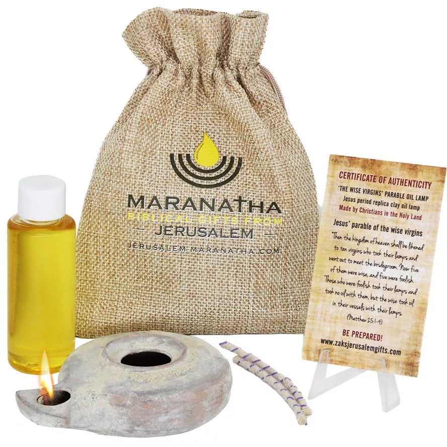 Wise Virgins Clay Oil Lamp – Second Temple Period with Sackcloth Bag